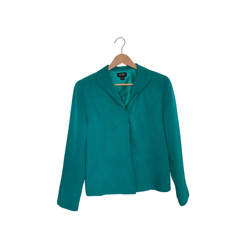 Green silk blazer with hidden button closure